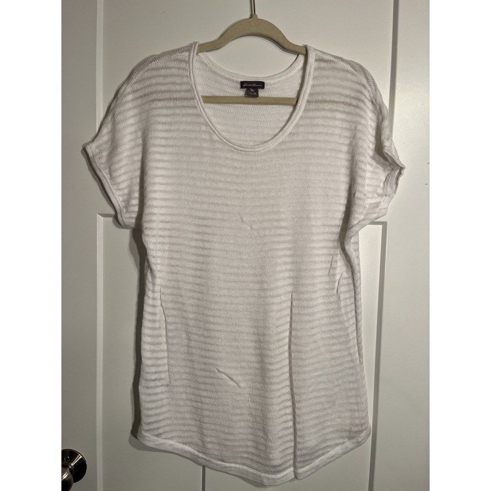Eddie Bauer Womens Medium White Linen Blend Short Sleeve Knit Sweater Top